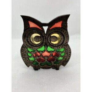 Vintage 1960-70’s  Owl Stained Glass Cast Iron Napkin Holder Made Taiwan Decor